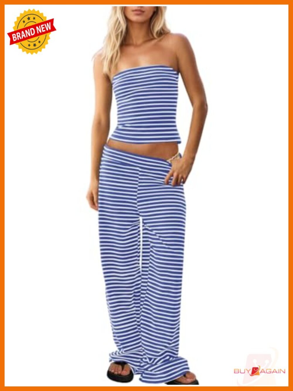 Women's Striped Two Piece Outfit Strapless Tube Top Wide Leg Pants Matching Set